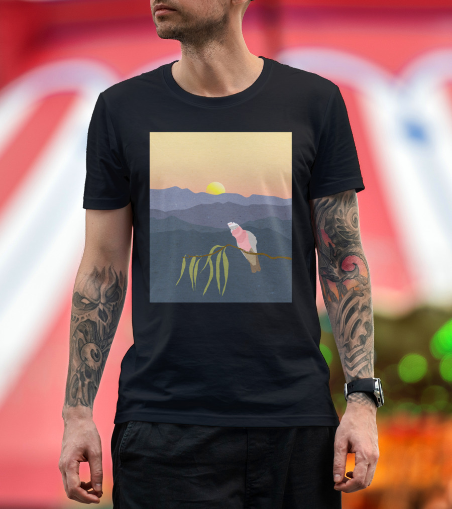 Galah Perched on Eucalyptus Branch with Blue Mountains Sunset T-Shirt