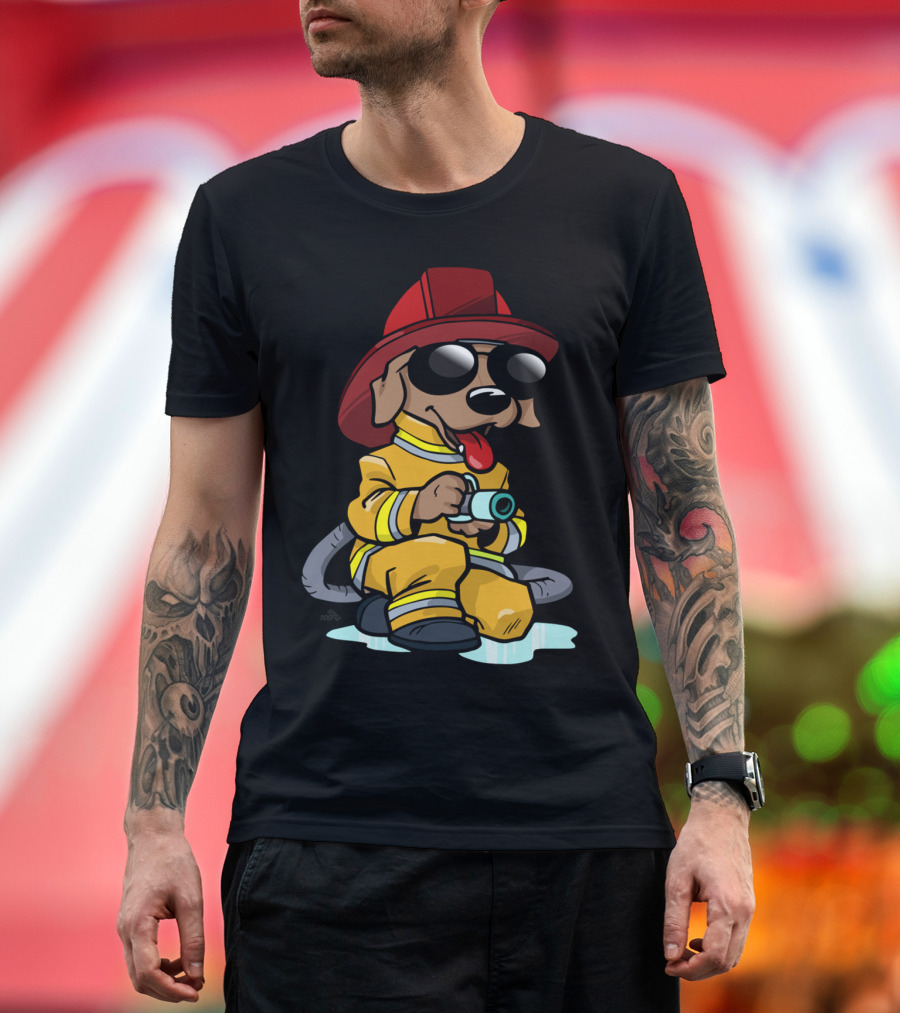 Firefighter Cartoon Dog in Yellow Suit with Sunglasses and Red Helmet T-Shirt