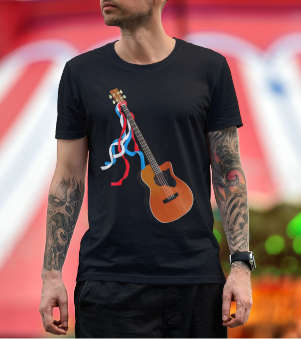 Premium T-Shirt: Acoustic Bass Guitar with Red White Blue Ribbons T-Shirt Acoustic Bass Guitar with Red White Blue Ribbons T-Shirt