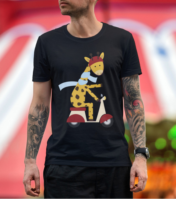 Premium T-Shirt: Giraffe Riding Scooter with Red Helmet and Blue Scarf T-Shirt Giraffe Riding Scooter with Red Helmet and Blue Scarf T-Shirt