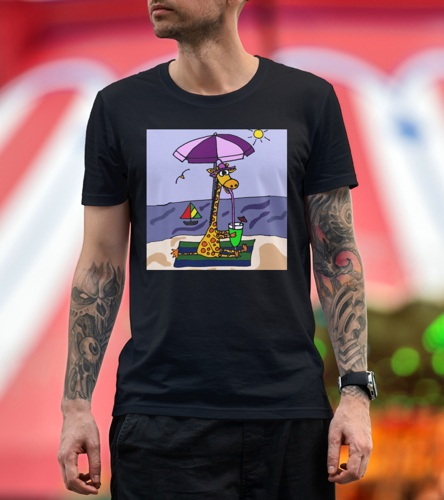 Giraffe Sipping Tropical Drink Under Beach Umbrella with Sailboat and Sun T-Shirt