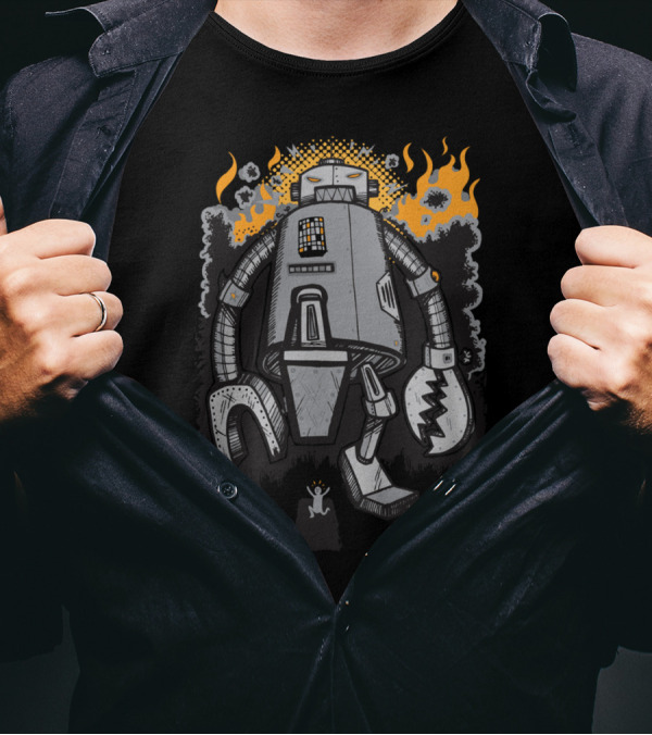 Attack Of The 60ft Robot Rampaging With Flaming Background T-Shirt