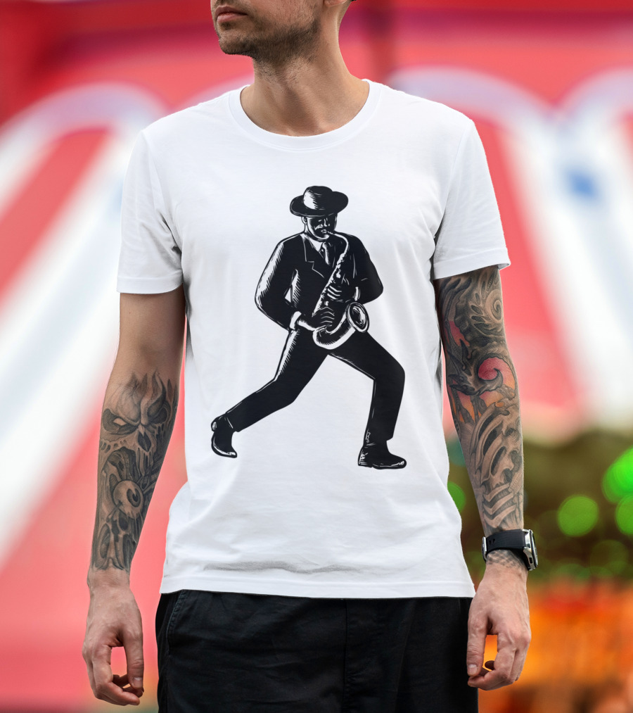 Jazz Musician Playing Saxophone Woodcut T-Shirt