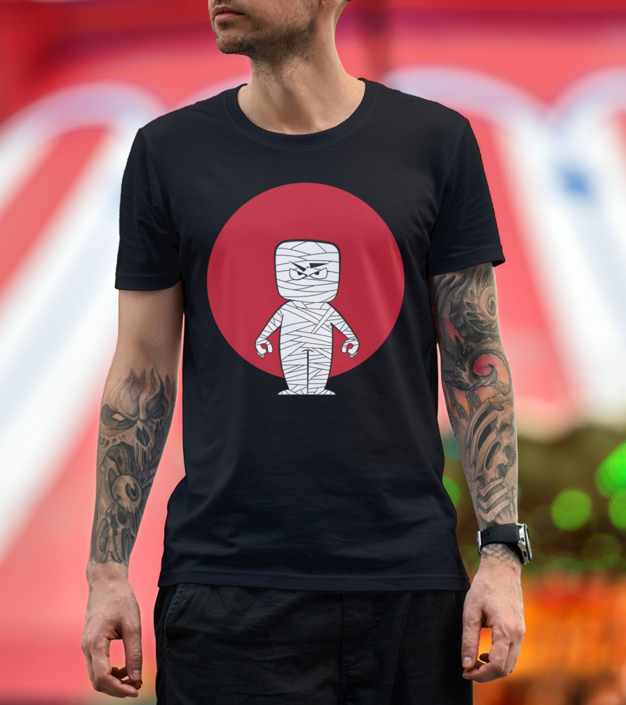 Menacing Mummy Cartoon Character in Red Circle Background T-Shirt
