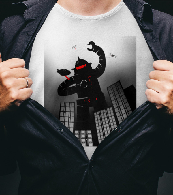 Attack Of The Giant Robot In Dark City Showdown T-Shirt