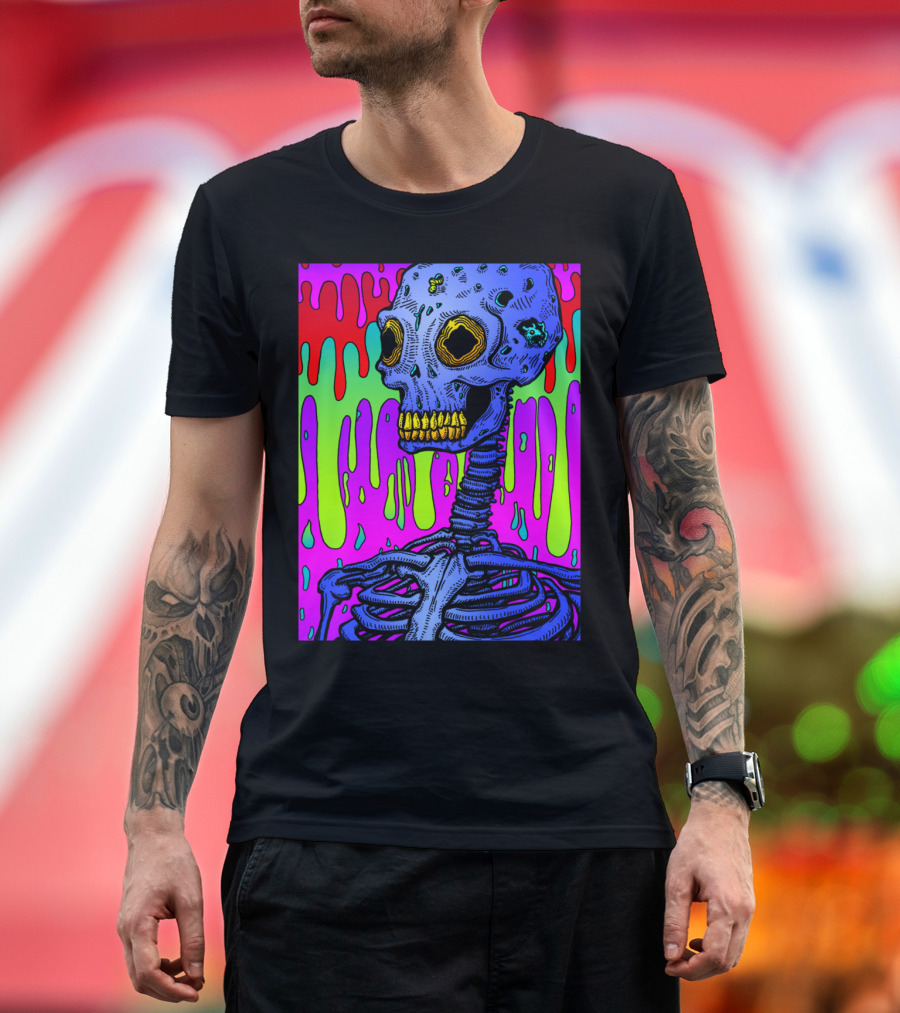 Attentive Psychedelic Zombie Skeleton with Melting Drip Background T-Shirt