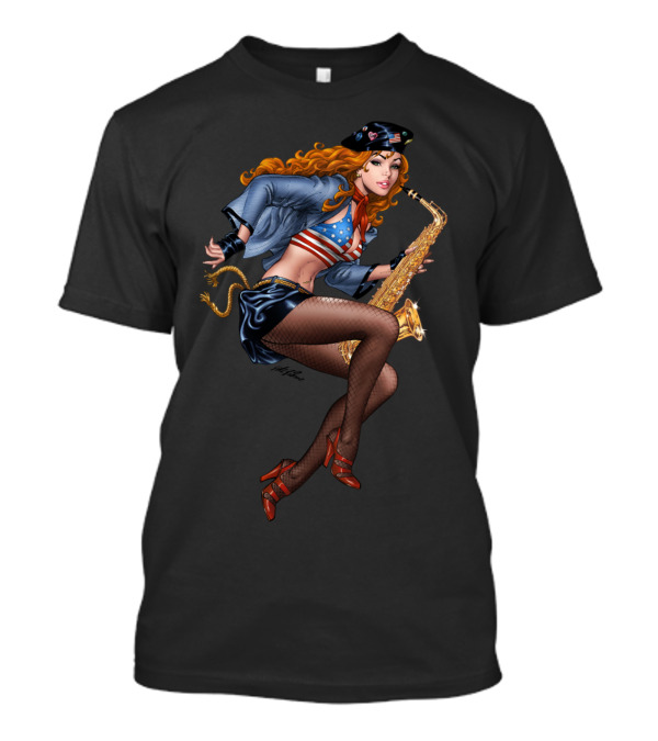 Cool Saxophone Playing Redhead Pinup In American Flag Top With Beret And Fishnet Stockings T-Shirt