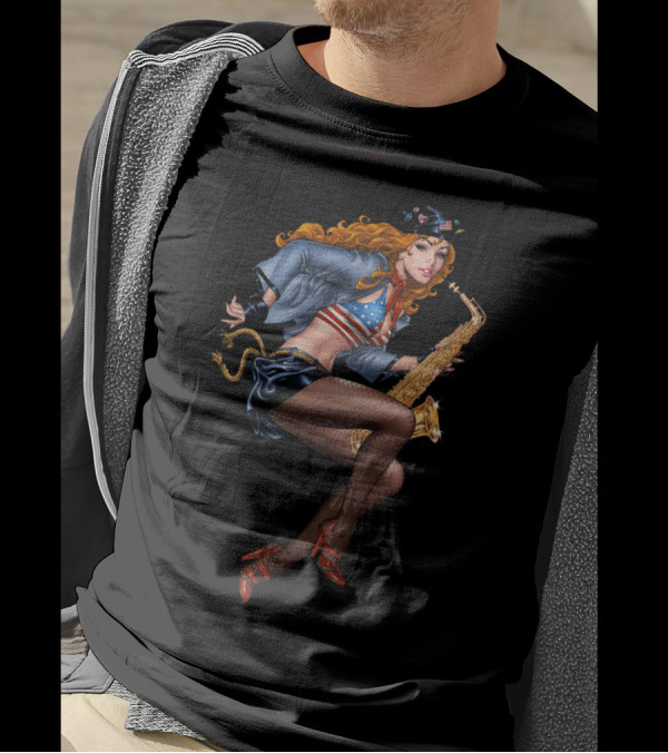 Cool Saxophone Playing Redhead Pinup In American Flag Top With Beret And Fishnet Stockings T-Shirt