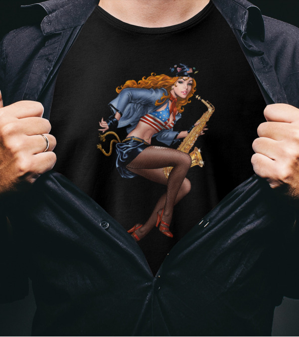 Cool Saxophone Playing Redhead Pinup In American Flag Top With Beret And Fishnet Stockings T-Shirt