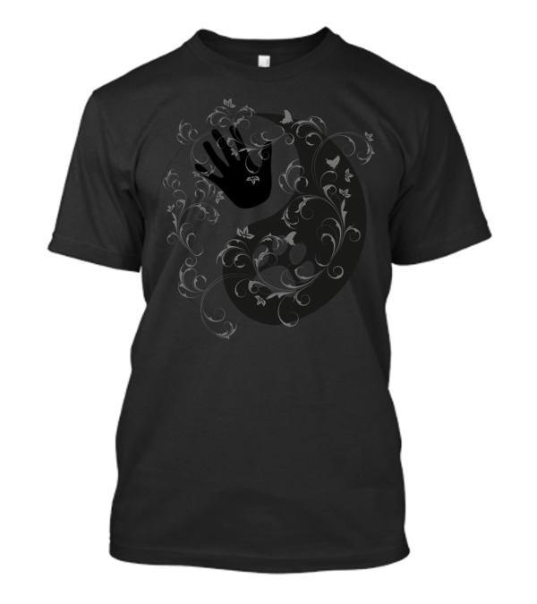 Yin Yang Hand And Paw Floral Pattern With Vines And Butterflies T-Shirt
