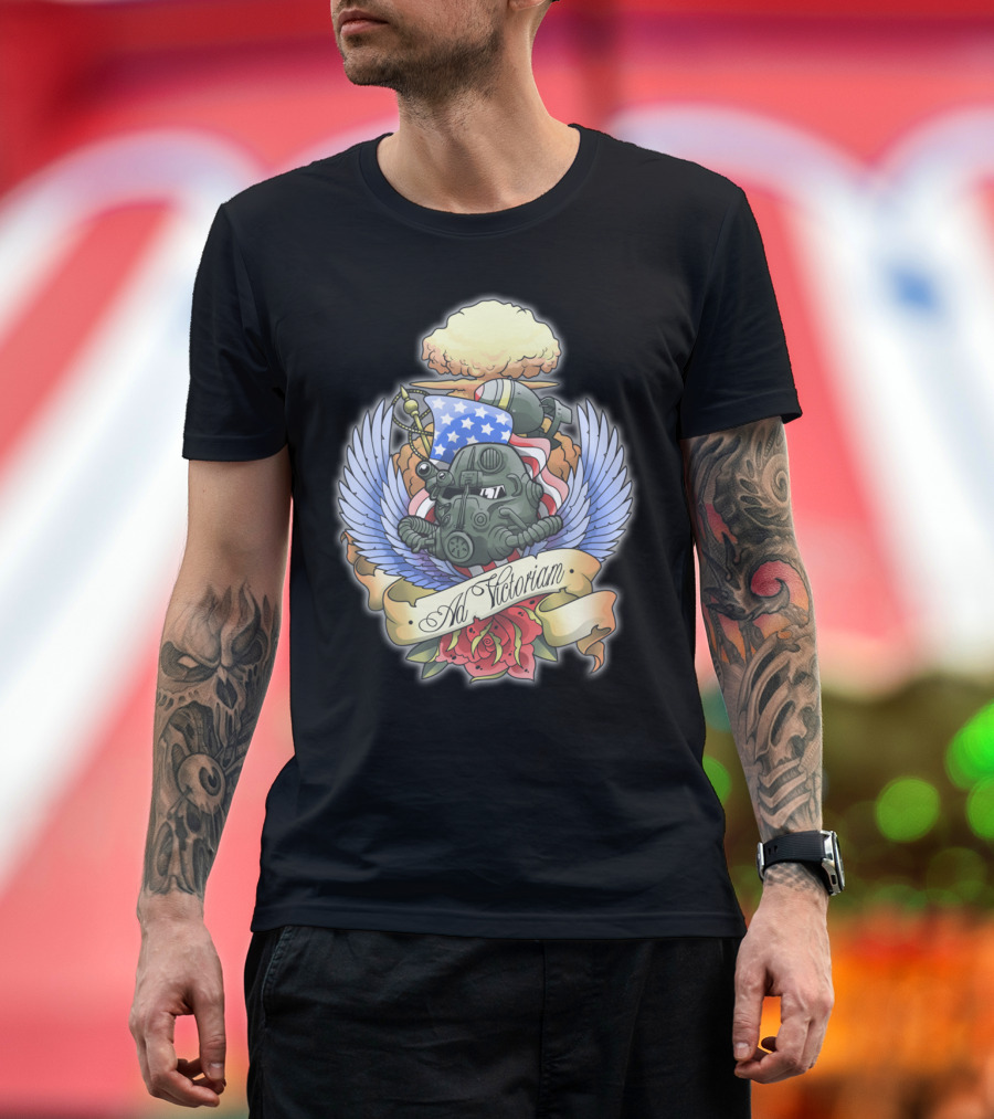 Ad Victoriam Power Armor Wings and Explosion Banner with Rose and Stars T-Shirt