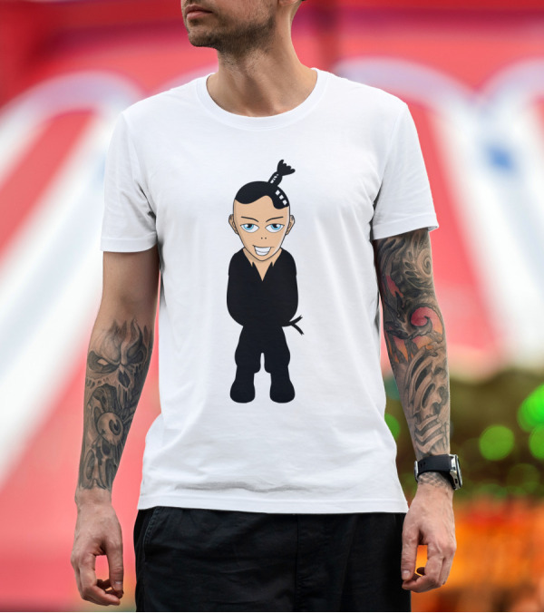 Premium T-Shirt: Johnny The Fighter Animated Character with Black Outfit and Topknot Hairstyle T-Shirt Johnny The Fighter Animated Character with Black Outfit and Topknot Hairstyle T-Shirt