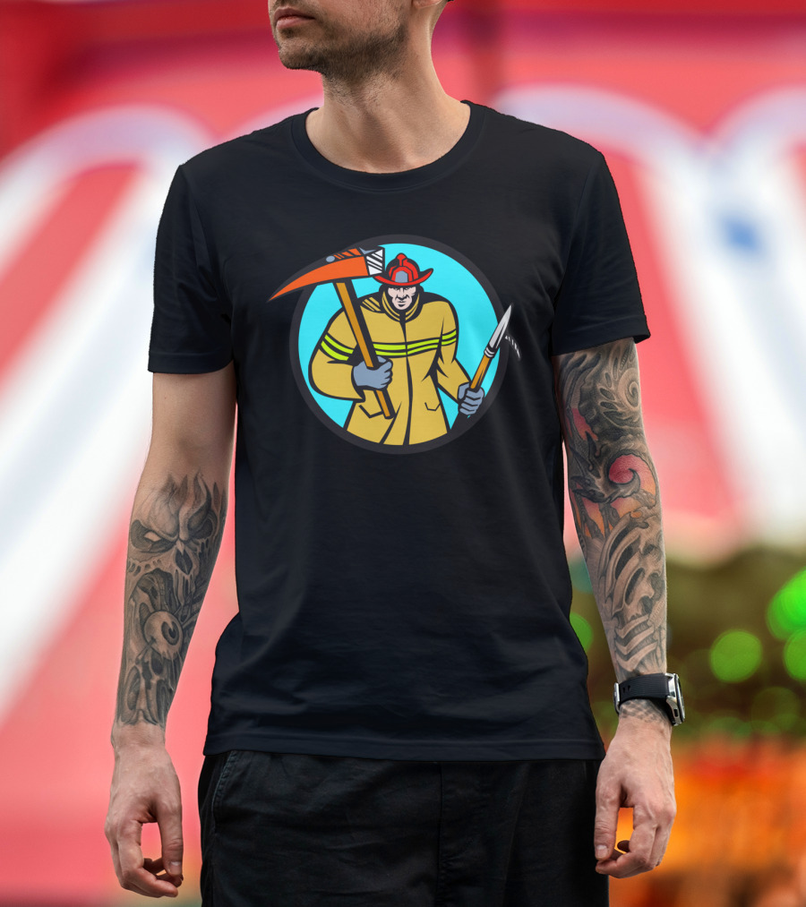 Fireman Firefighter with Fire Axe and Hook in Circle T-Shirt