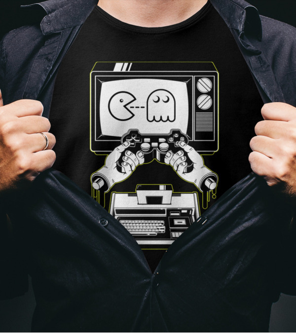 Joystick Division Retro Gaming Mashup Pac-Man Ghost Console Controller Fusion T-Shirt