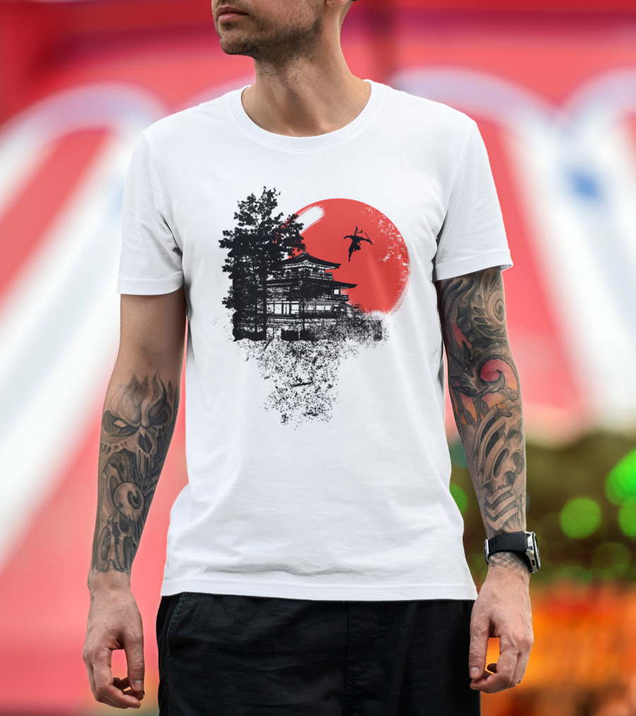 Jump And Fly Ninja Over Japanese Pagoda Red Sun T-Shirt