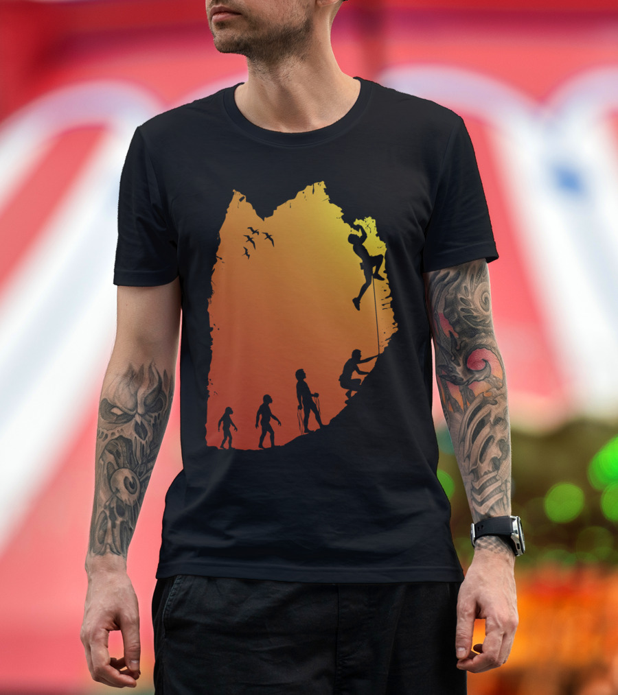Climb Evolution of Rock Climbing Silhouette against Sunset Cliff Background T-Shirt