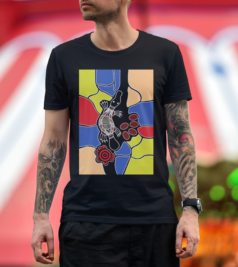 Authentic Aboriginal Art Platypus Dream Pattern with Vibrant Colors T-Shirt