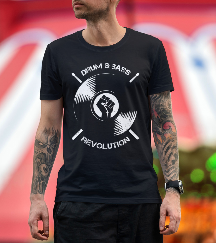 Drum And Bass Revolution Vinyl Fist and Drumsticks T-Shirt