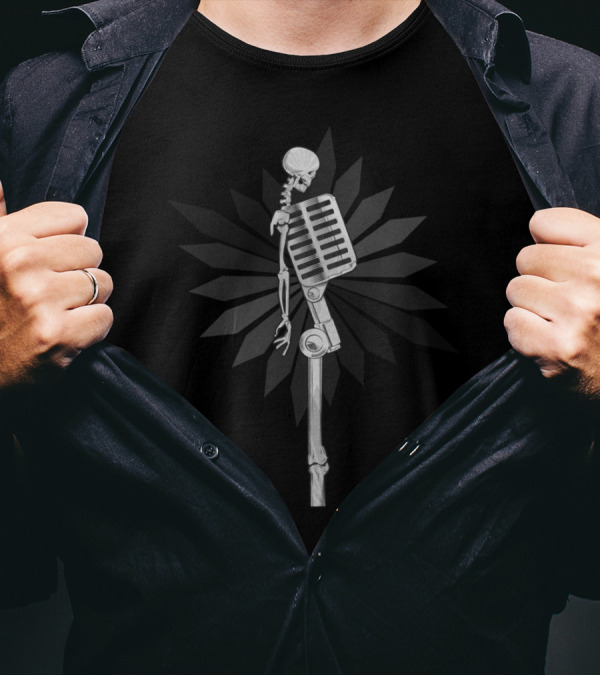 Mick The Microphone Skeleton In High Def Visually Striking T-Shirt
