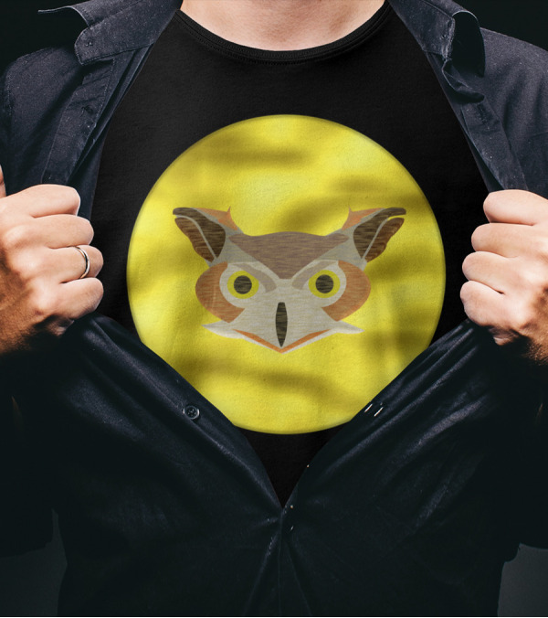 Cloudy Full Moon With Wooden Hoot Owl Face T-Shirt