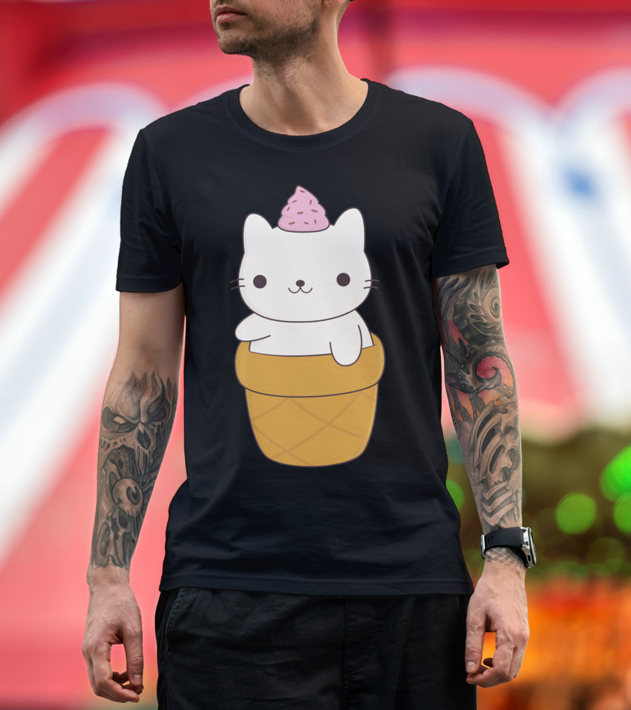 Kawaii Cat Ice Cream Cone Adorable Dessert Mashup T-Shirt