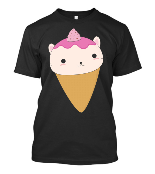 Kawaii Cat Ice Cream Cone Pastel Pink Whipped Topping T-Shirt