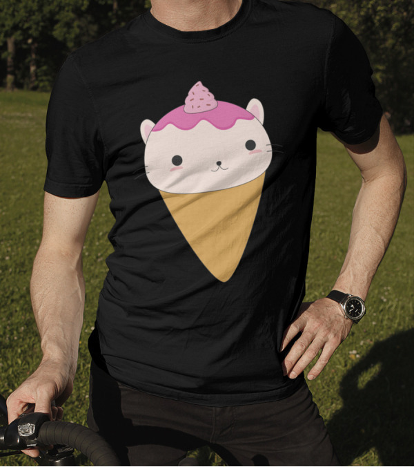 Kawaii Cat Ice Cream Cone Pastel Pink Whipped Topping T-Shirt