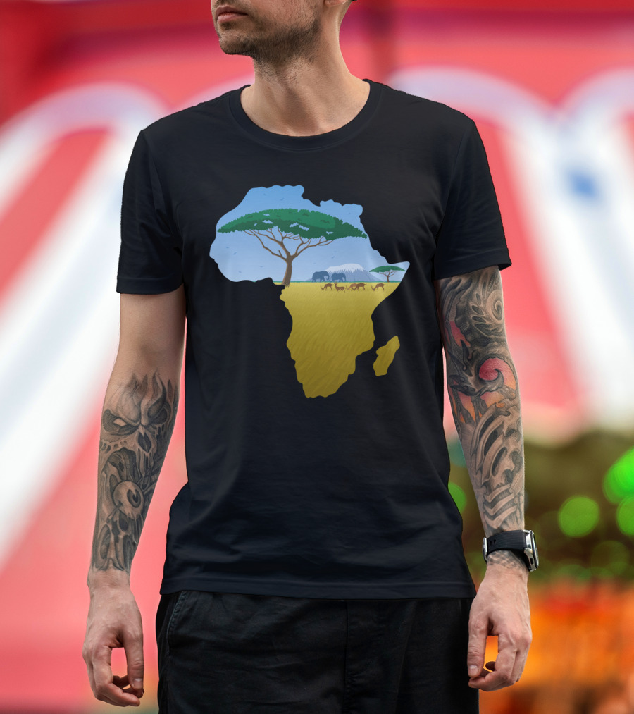 Africa Map with Acacia Tree Savannah and Wildlife Scene T-Shirt