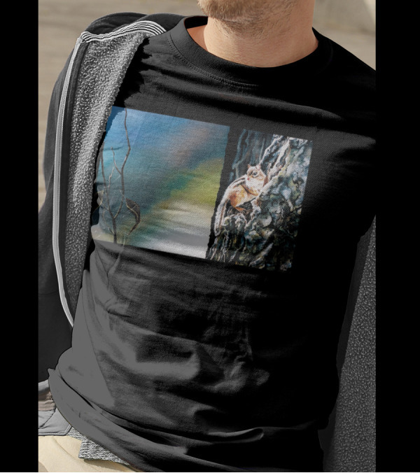 Autumn Dawn Chipmunk On Tree Bark With Fading Leaves T-Shirt