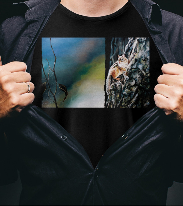 Autumn Dawn Chipmunk On Tree Bark With Fading Leaves T-Shirt
