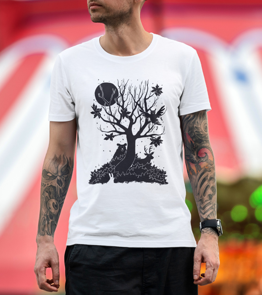Autumn Forest Silhouette with Bear, Deer, Owl, and Rabbit Under Tree and Moon T-Shirt