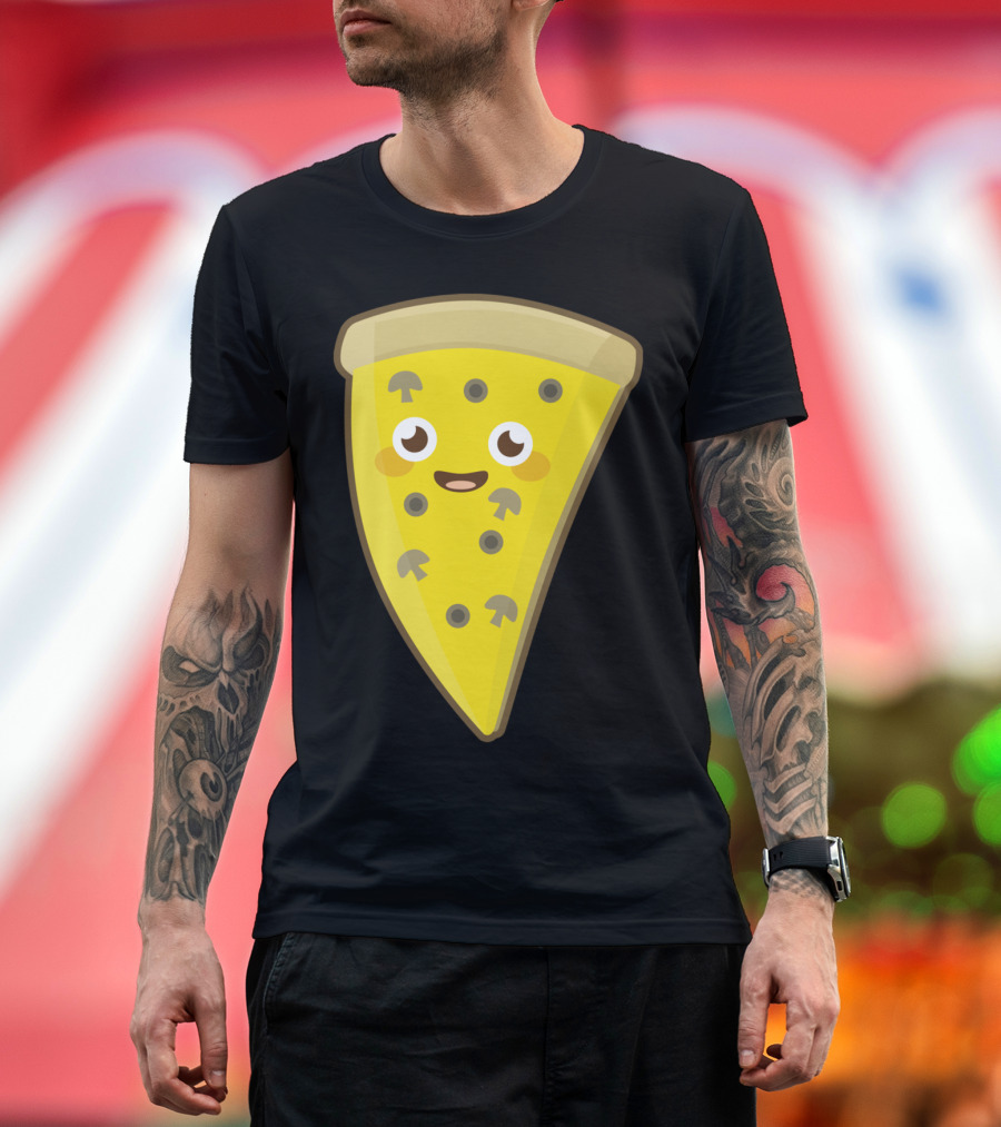 Kawaii Pizza Slice with Cute Face and Mushrooms T-Shirt