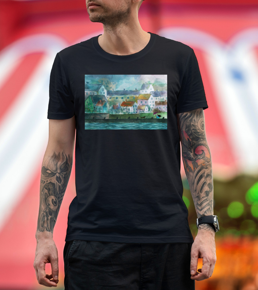Big Bad Dog Coastal Village Houses Watercolor Scene T-Shirt