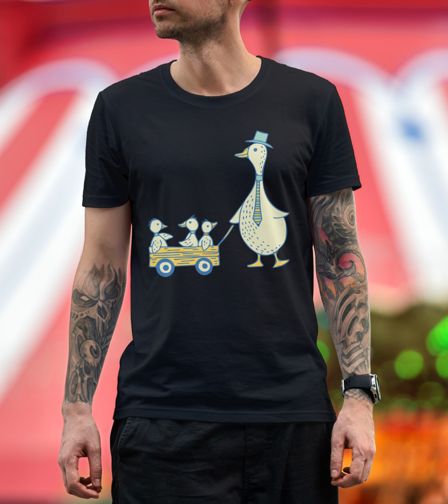 Daddy Duck with Three Ducklings in Wagon Wearing Tie and Hat T-Shirt