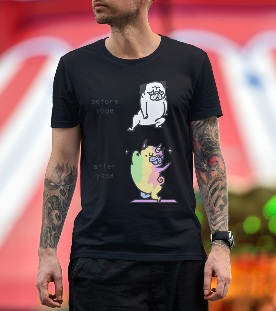 Before Yoga Pug to After Yoga Rainbow Unicorn Transformation T-Shirt