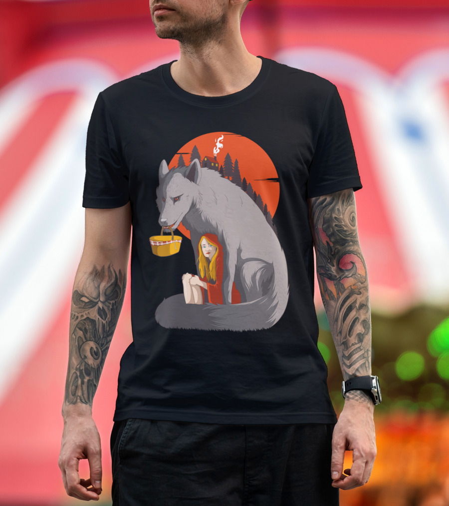 Big Good Wolf Little Red Riding Hood Picnic Basket Cabin Scene T-Shirt