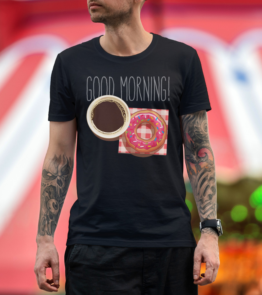 Good Morning Coffee and Donut Breakfast Checkerboard T-Shirt