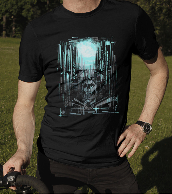 There Is No Such Place Cyberpunk Cityscape With Geometric Skull T-Shirt