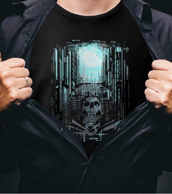 There Is No Such Place Cyberpunk Cityscape With Geometric Skull T-Shirt