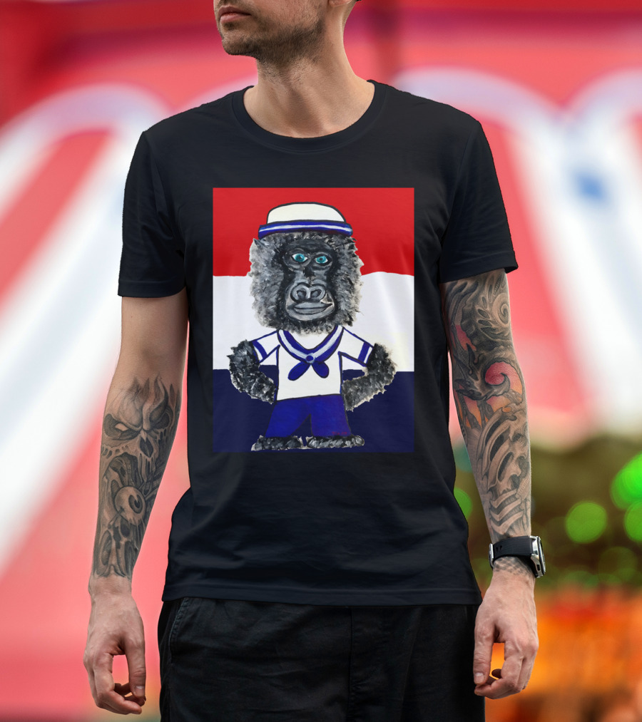 Gorilla Wearing Nautical Sailor Uniform Against Red White Blue Background T-Shirt
