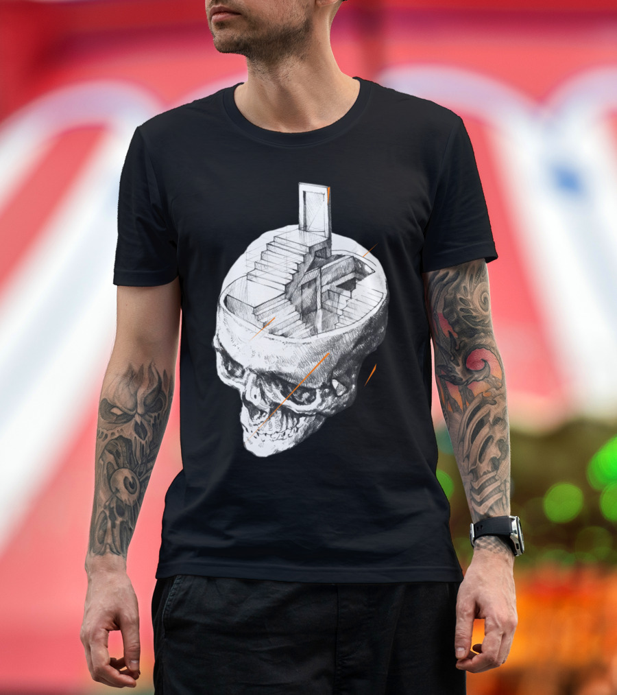 Stairway Inside Skull with Doorway and Steps Drawing T-Shirt
