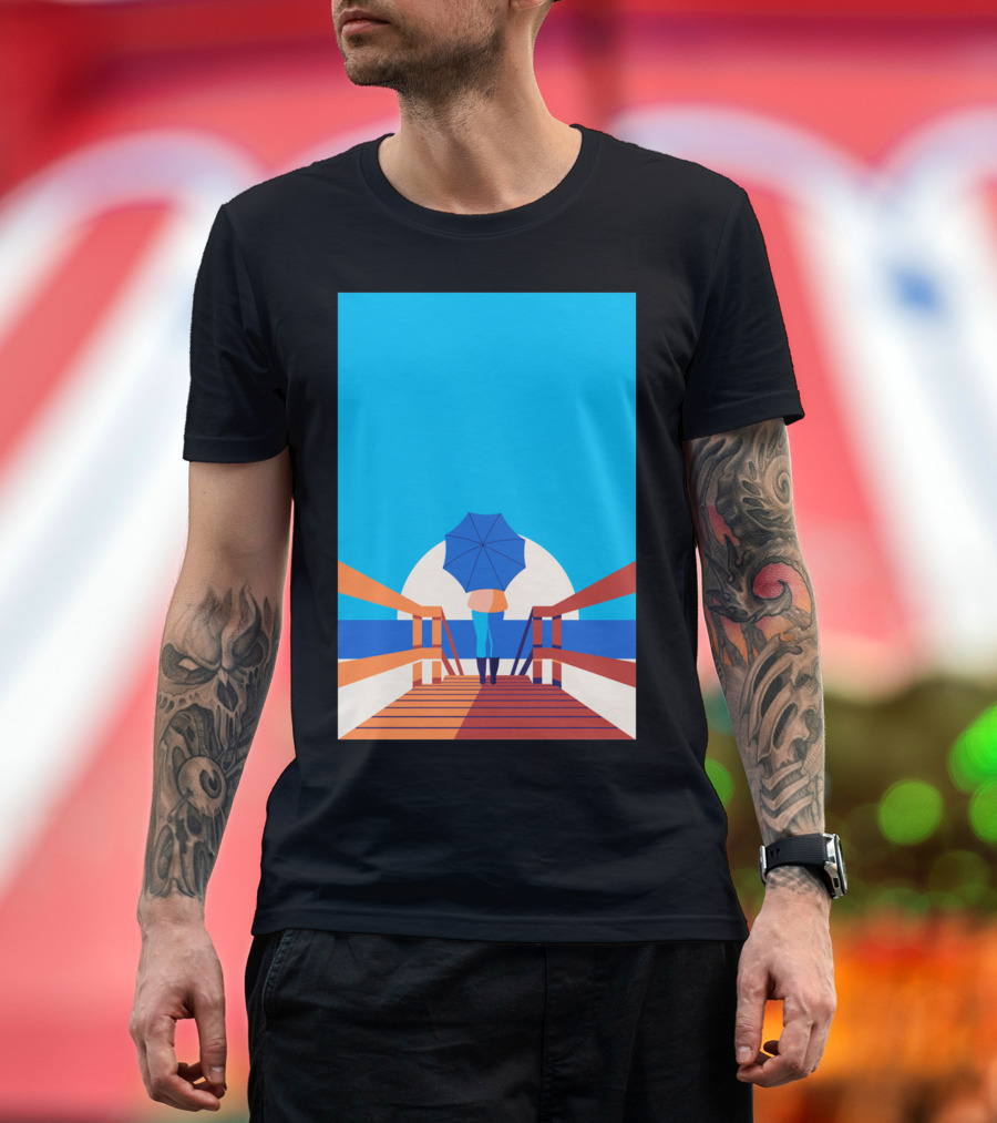 Ease Into Autumn with Blue Umbrella on Wooden Walkway T-Shirt