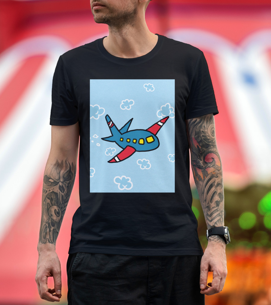 Airplane Cartoon with Clouds and Blue Sky Background T-Shirt