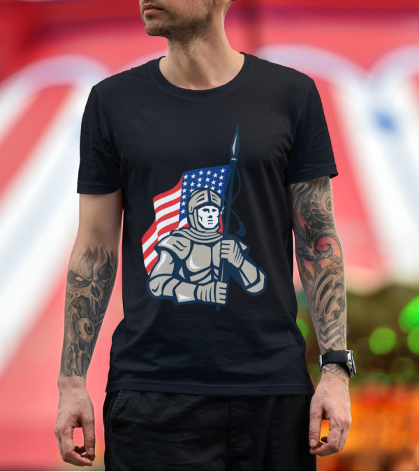 Premium T-Shirt: Knight with American Flag Iconic Representation T-Shirt Knight with American Flag Iconic Representation T-Shirt