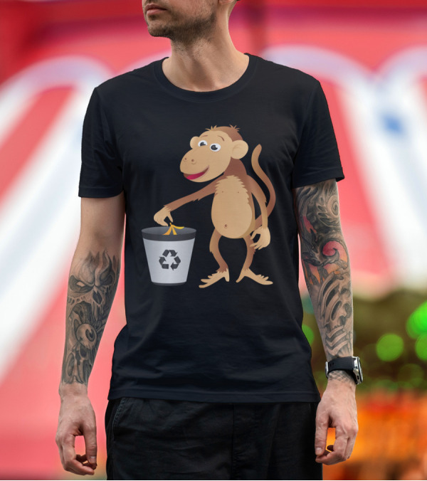 Premium T-Shirt: Monkey Recycling Banana Peel in Bin T-Shirt Monkey Recycling Banana Peel in Bin T-Shirt