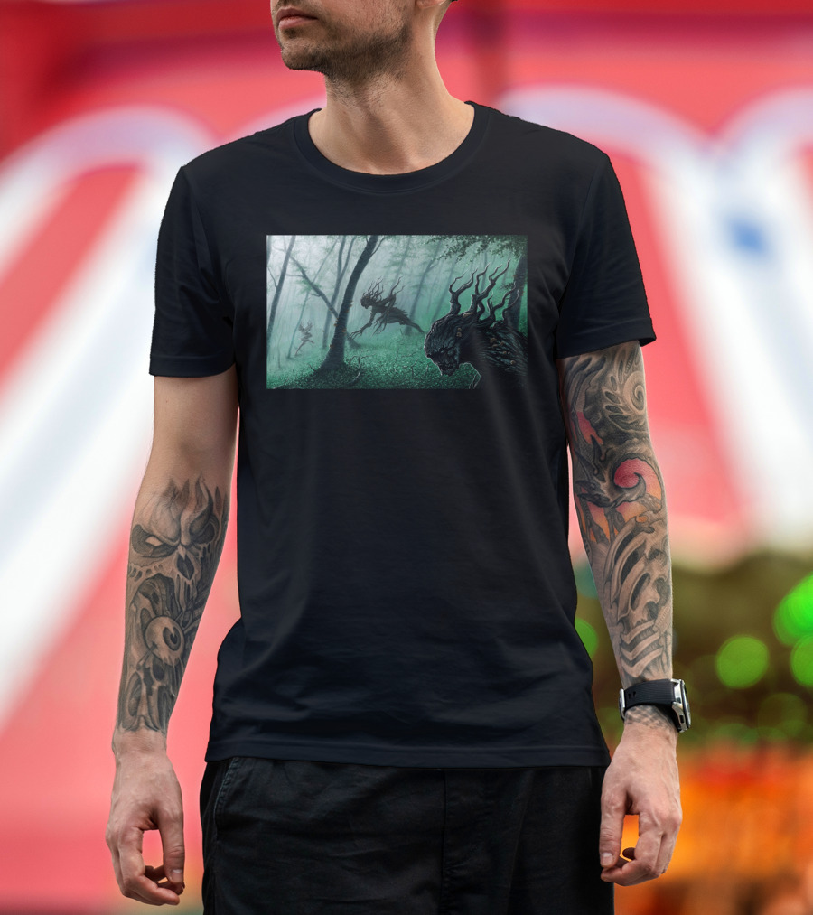 Dark Forest Creature Encounter in Misty Woods T-Shirt