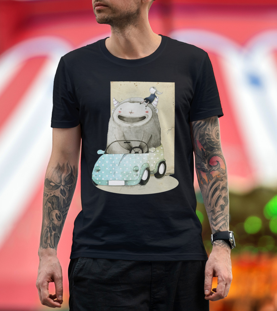 Monster With Horns Driving a Polka-Dot Car With Child Rider T-Shirt