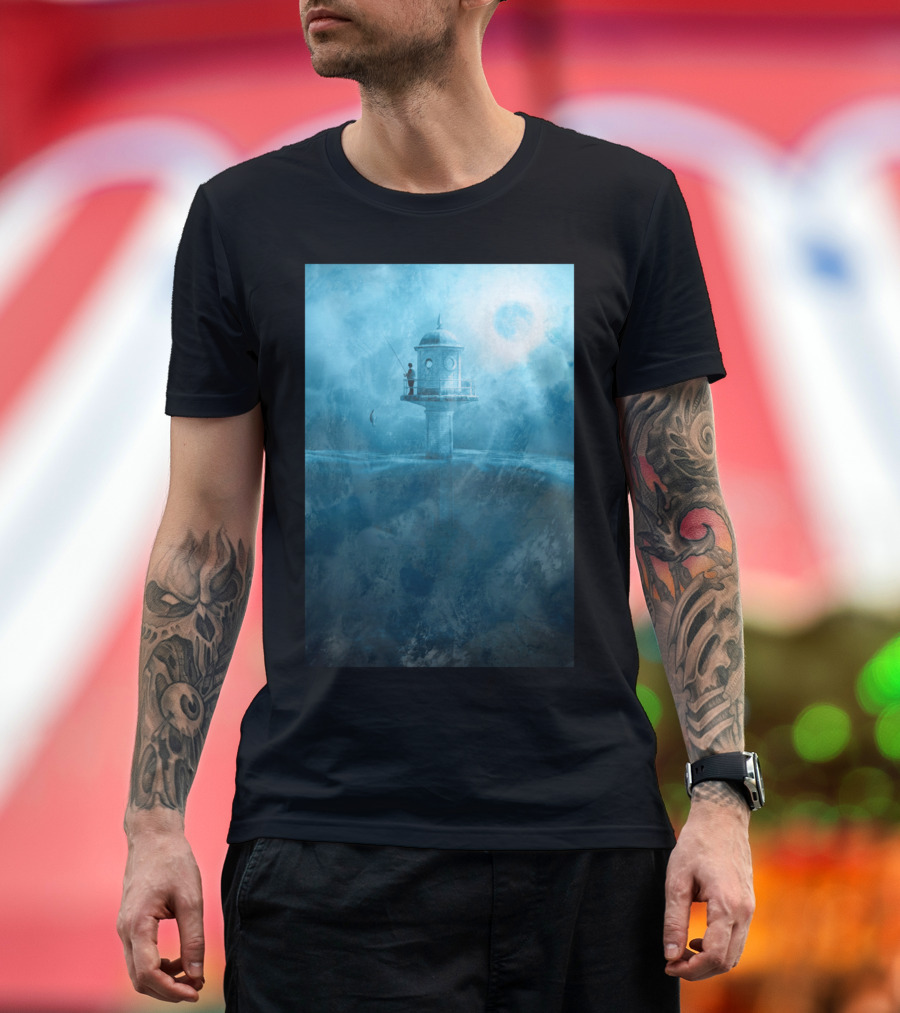 Fish Rising BL Lighthouse Fisherman in Dreamy Blue Landscape T-Shirt