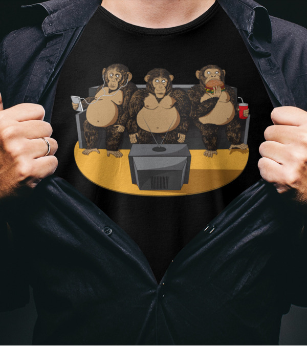 Three Modern Monkeys Couch Trio With Smartphone Burger And TV T-Shirt