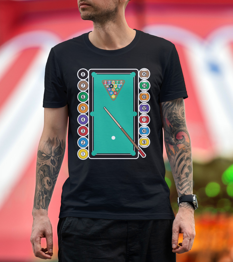 Billiards Table with Pool Balls and Cue Stick T-Shirt